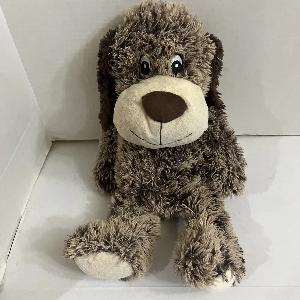 2 Pacific Fluffy Puppy Dog Plush Squeakers Embroidered Eyes Floppy 17” Brown